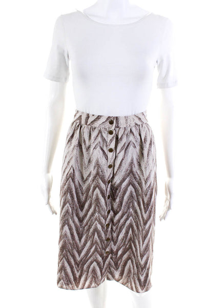 Tibi Women's Silk Abstract Print Button Down Casual Skirt Brown Ivory Size 12