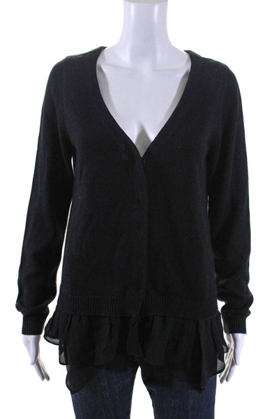 Firth Womens Silk V-Neck Hidden Placket Layered Long Sleeve Sweater Black Size L