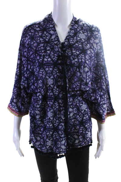Les Petites Womens Pom Pom Trim Tie Dye Kimono Purple Cotton Size Small