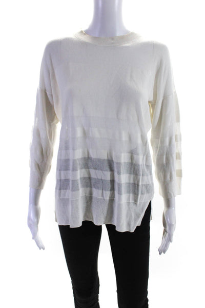 Theory Womens Cotton Striped Crewneck 3/4 Sleeve Knit Top Ivory White Size PP