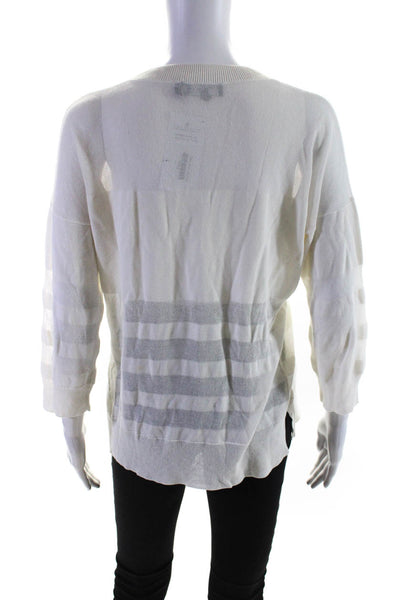 Theory Womens Cotton Striped Crewneck 3/4 Sleeve Knit Top Ivory White Size PP