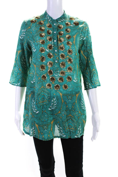 Figue Womens Green Cotton Sequin Printed 3/4 Sleeve Tunic Blouse Top Size S