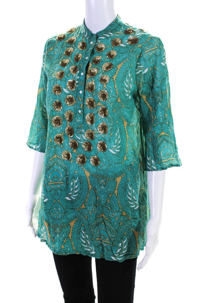 Figue Womens Green Cotton Sequin Printed 3/4 Sleeve Tunic Blouse Top Size S