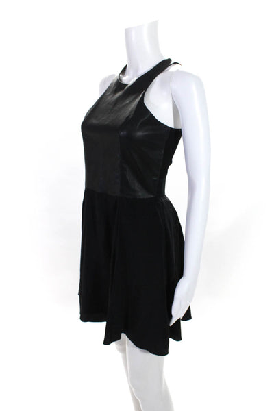 Mason Womens Black Silk Leather Front Scoop Neck Fit & Flare Dress Size 4