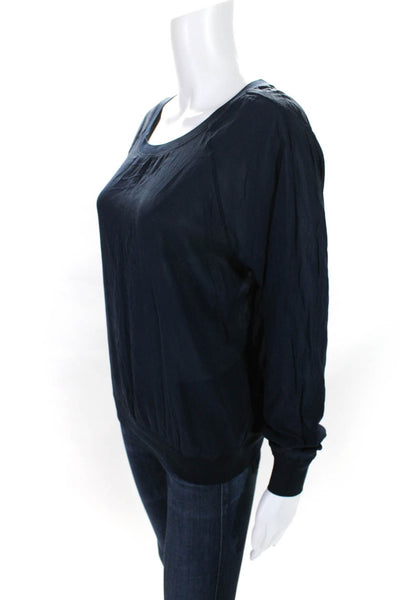 Vince Womens Long Sleeve Scoop Neck Knit Trim Sheer Silk Shirt Navy Blue Small