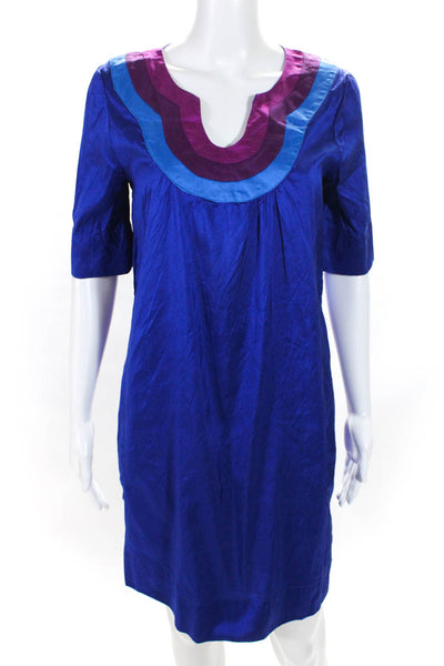 Calypso Christiane Celle Womens Striped V Neckline Silk Dress Blue Size Small