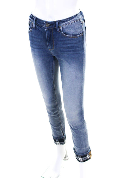 Driftwood Womens Mid Rise Plaid Cuff Medium Wash Skinny Jeans Blue Size 25