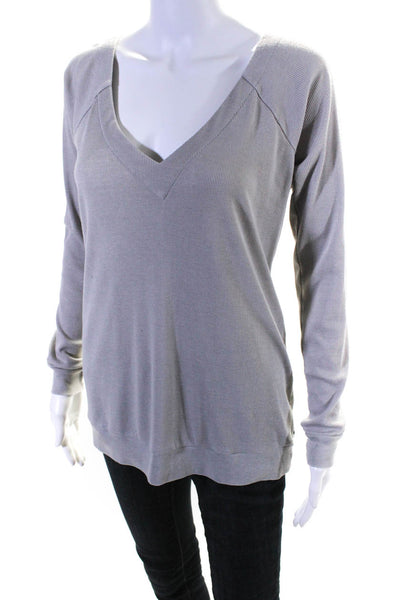 CHA SOR Women's Cotton Long Sleeve V-Neck Cut Out Ribbed Top Gray Size M