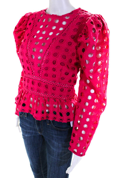 Lovers + Friends Womens Eyelet Long Puffy Sleeves Blouse Pink Size Small