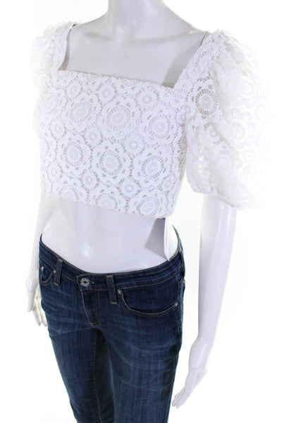 Lovers + Friends Womens Crochet Puffy Sleeves Cropped Blouse White Size Small