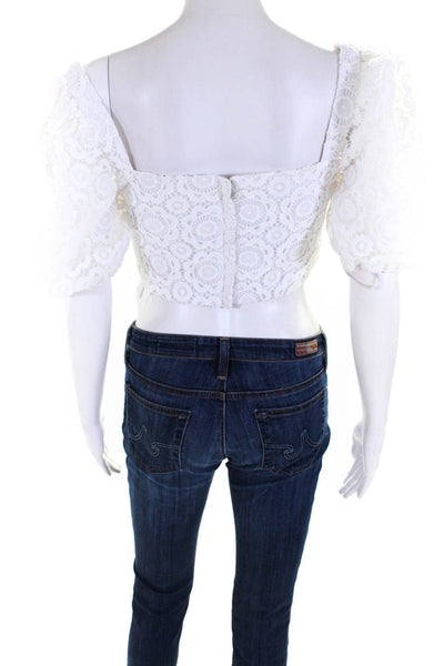 Lovers + Friends Womens Crochet Puffy Sleeves Cropped Blouse White Size Small