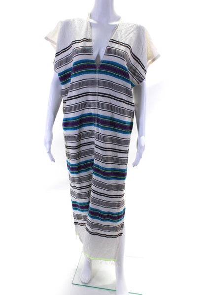 Lemiem Women's V-Neck Sleeveless Fringe Hem Midi Dress Striped Size M