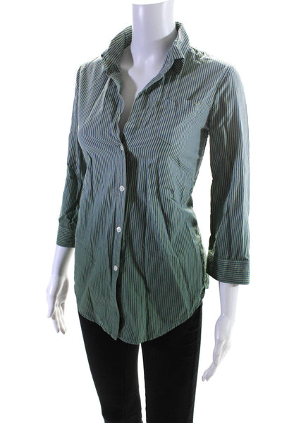 Elizabeth and James Womens Cotton Striped Print Button Up Top Green Blue Size XS