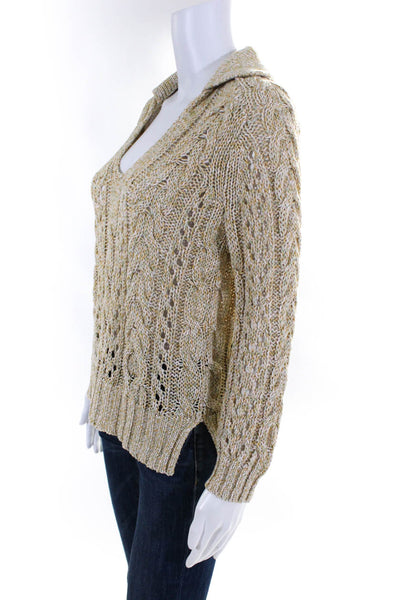 Toccin Womens Long Sleeve Collared V Neck Open Knit Sweater Beige Size XS