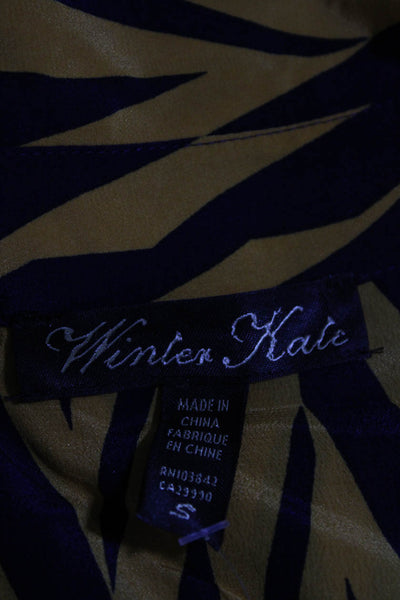 Winter Kate Womens Button Front Beaded Trim Chevron Silk Shirt Brown Blue Small