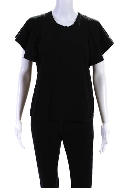 ALC Womens Short Flutter Sleeve Crew Neck Top Tee Shirt Black Cotton Size Medium
