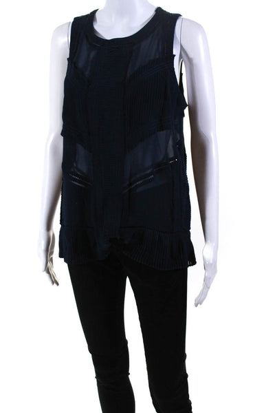 Intermix Women's Sleeveless Ruffle Crewneck Silk Sheer Blouse Navy Size L