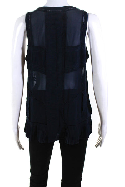 Intermix Women's Sleeveless Ruffle Crewneck Silk Sheer Blouse Navy Size L