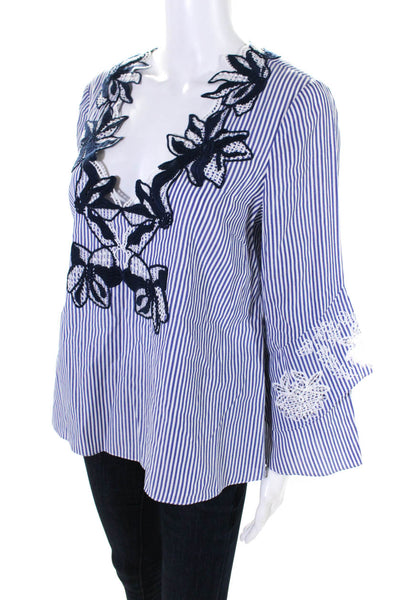 Tanya Taylor Womens Striped Bell Sleeve Embroidered Top Blouse Blue White size 6