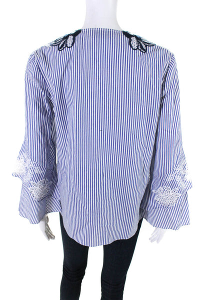 Tanya Taylor Womens Striped Bell Sleeve Embroidered Top Blouse Blue White size 6
