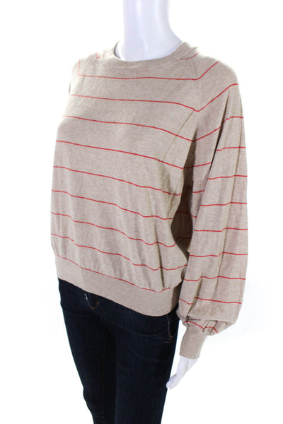 Misa Womens Crew Neck Striped Raglan Sweater Red Beige Cotton Size Medium