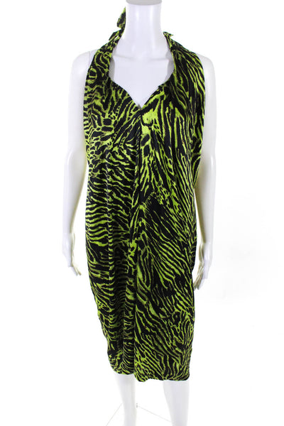 Ganni Womens Animal Print Satin Halter Midi Dress Black Green Silk Size FR 40