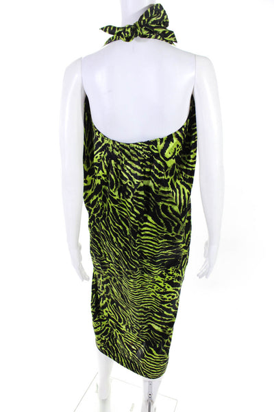Ganni Womens Animal Print Satin Halter Midi Dress Black Green Silk Size FR 40