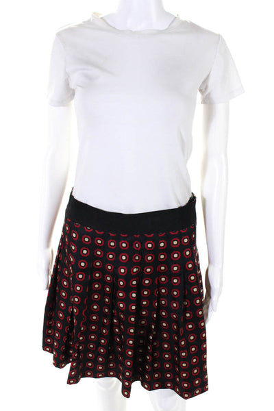 Milly Womens Geometric Pleated Satin Mini Skater Skirt Red Black Ivory Size 8