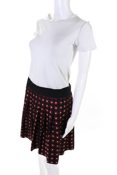 Milly Womens Geometric Pleated Satin Mini Skater Skirt Red Black Ivory Size 8
