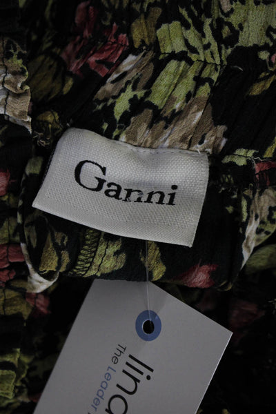 Ganni Womens Elastic Waist Floral Crepe Skater Skirt Black Pink Green Medium
