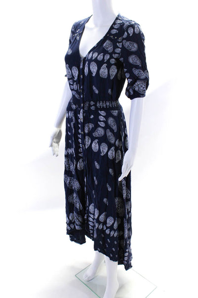 Suboo Womens 3/4 Sleeve Paisley Print Snap Popover Midi Dress Navy Blue Size 0