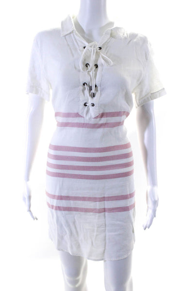 Rails Womens Collared Short Sleeve Striped Lace Up Pullover Dress White Size M