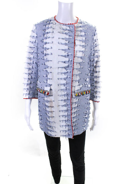 Bazar Deluxe Womens Striped Applique Beaded Button Down Jacket Blue Size EUR 38