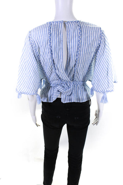 Misa Womens 3/4 Sleeve Tie Back Braided Trim Striped Blouse Blue White Size XS