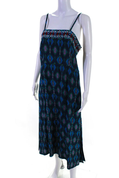 Figue Womens Abstract Beaded Square Neck Midi Dress Pink Blue Green Size 8