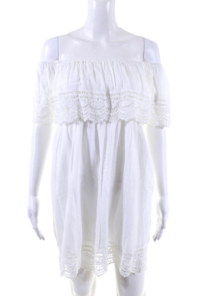 PilyQ Womens Lace Off The Shoulder Pleated Elastic Mini Dress White Size XS