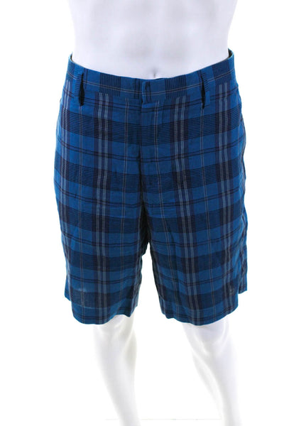 Marc By Marc Jacobs Mens Zipper Fly Plaid Shorts Blue Gray Cotton Size 34
