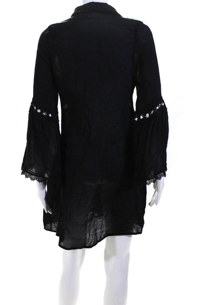 Elan Womens Bell Sleeves Lace Detail Button Up Collared Mini Dress Black Size L
