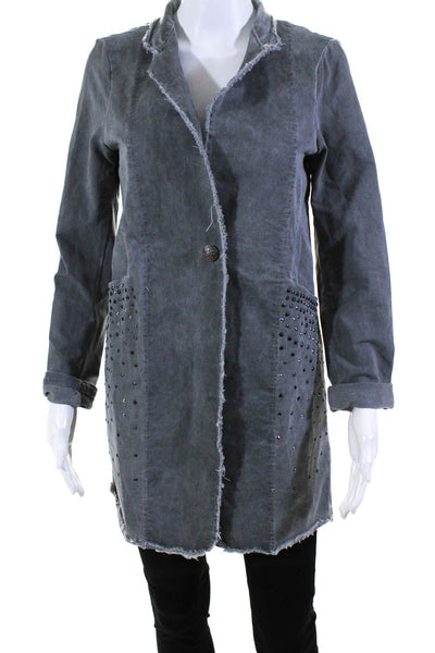 Baci Womens Cotton Denim Studded High Collar Distressed Edging Jacket Grey Size