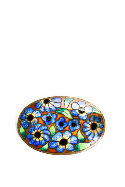 Designer Vintage Czechoslovakia Painted Floral Oval Brooch Pin Blue