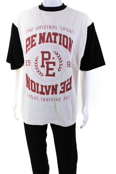 P.E Nation Mens Cotton Color Block Crew Neck Brand Logo T-Shirt Top Beige Size S