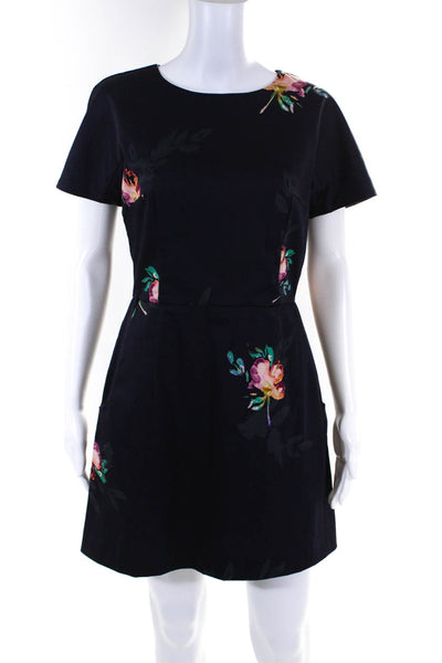 French Connection Women's Short Sleeve Crew Neck Floral Midi Sheath Dress Blue S