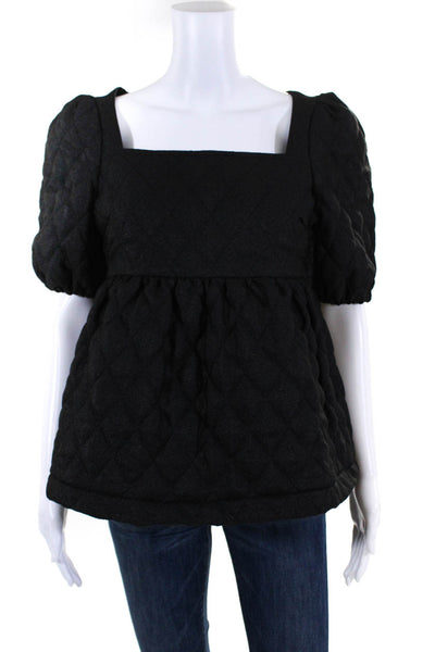 Cras Womens Quilted Puff Sleeve Square Neck Tie Up Blouse Top Black Size 36