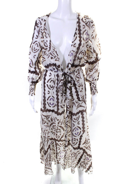Elan Womens Abstract Belted Long Kimono Robe Ivory Brown Purple Size Small