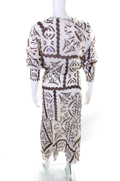 Elan Womens Abstract Belted Long Kimono Robe Ivory Brown Purple Size Small