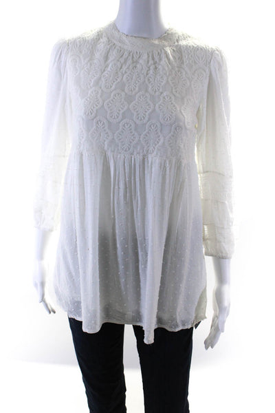One September Womens Lace Swiss Dot Long Sleeve Blouse White Size Extra Small