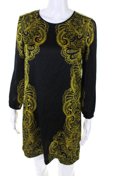 Juicy Couture Womens Paisley Print Long Sleeve Shirt Dress Black Yellow Size 2