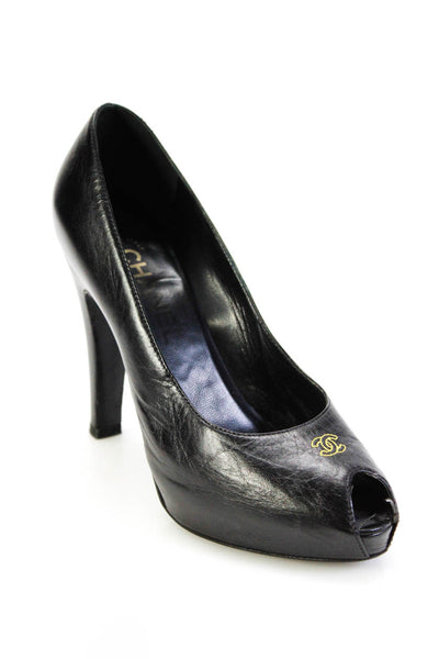 Chanel Womens Embroidered CC Peep Toe Slip On Pumps Black Leather Size 37.5 7.5