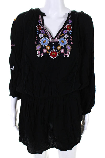 Melissa Odabash Women's Long Sleeve V-Neck Embroidered Mini Sundress Black M