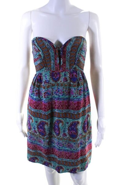 Maple Womens Strapless Quilted Sweetheart Silk Paisley Dress Green Pink Size 0